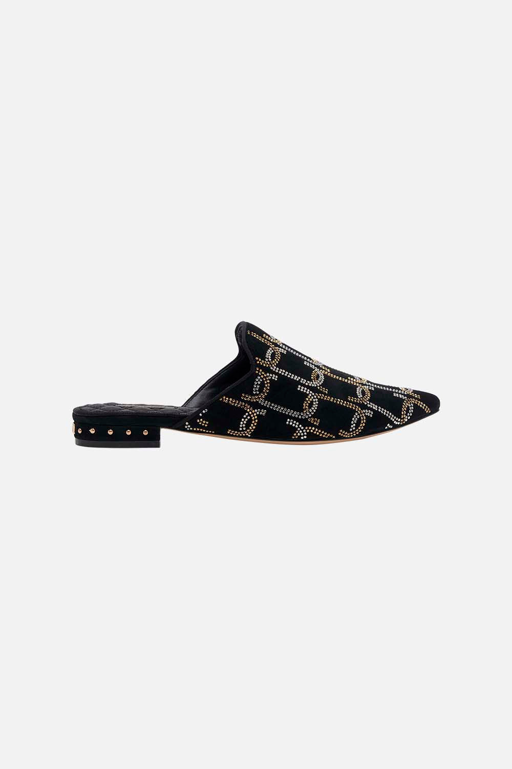 The CAMILLA BELLE EMBROIDERED SLIPPER SOLID BLACK in our SOLID BLACK print.