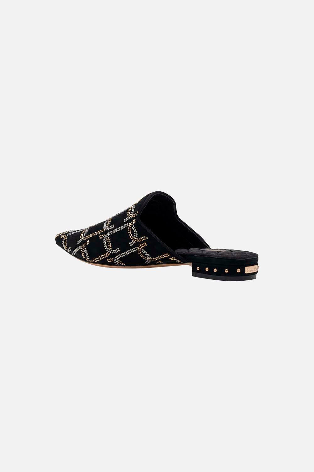 The CAMILLA BELLE EMBROIDERED SLIPPER SOLID BLACK in our  print.