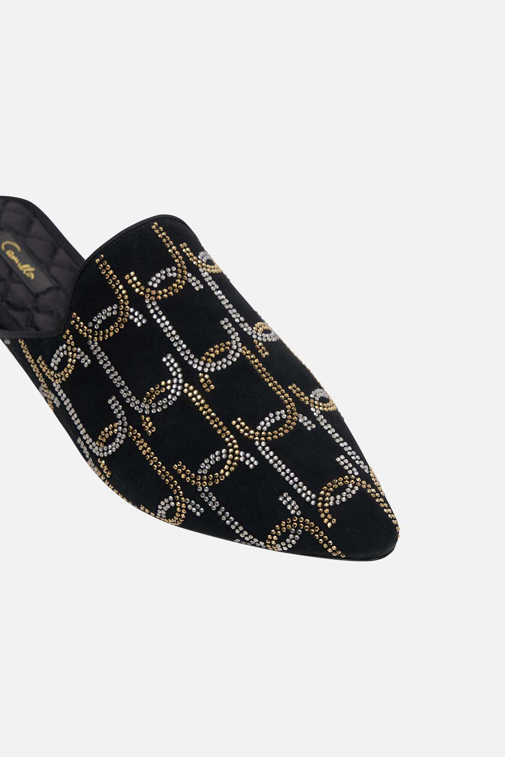 The CAMILLA BELLE EMBROIDERED SLIPPER SOLID BLACK in our  print.