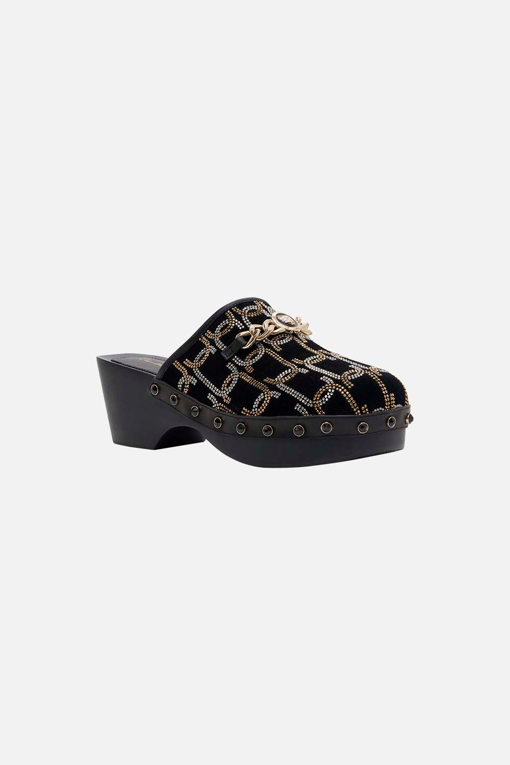 The CAMILLA ARABELLA LEOPARD CHAIN CLOG SOLID BLACK in our  print.
