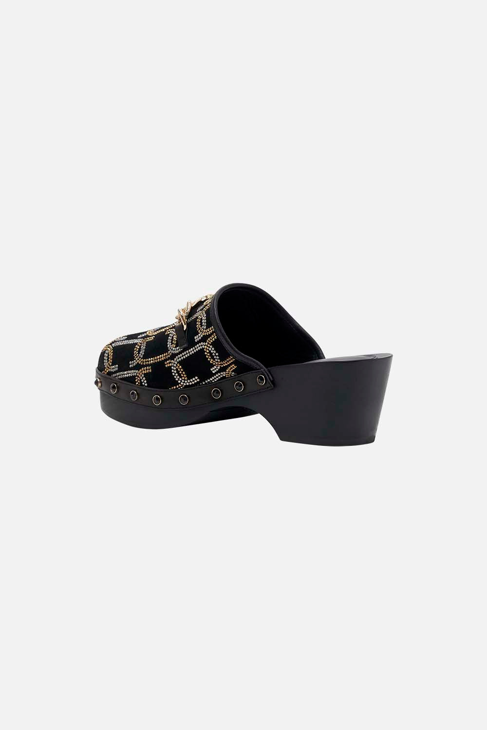 The CAMILLA ARABELLA LEOPARD CHAIN CLOG SOLID BLACK in our  print.