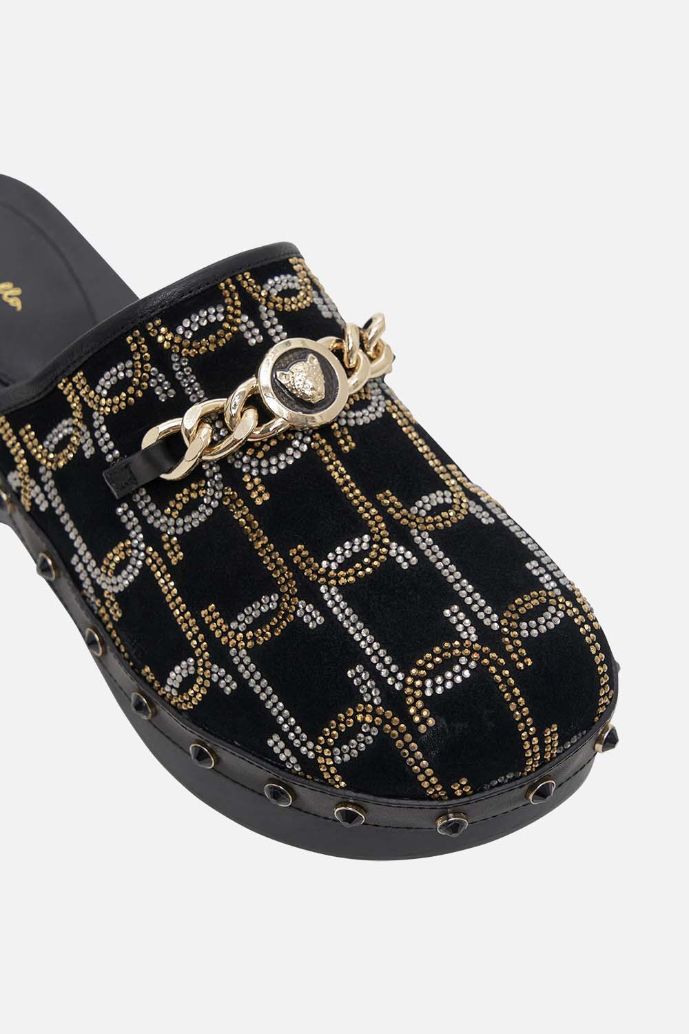 The CAMILLA ARABELLA LEOPARD CHAIN CLOG SOLID BLACK in our  print.