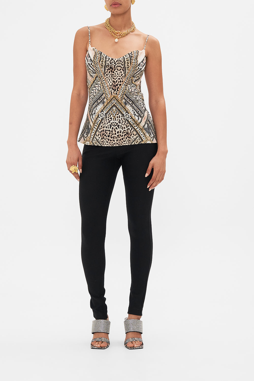 Front view of model wearing CAMILLA silk cami top in Mosaic Muse 