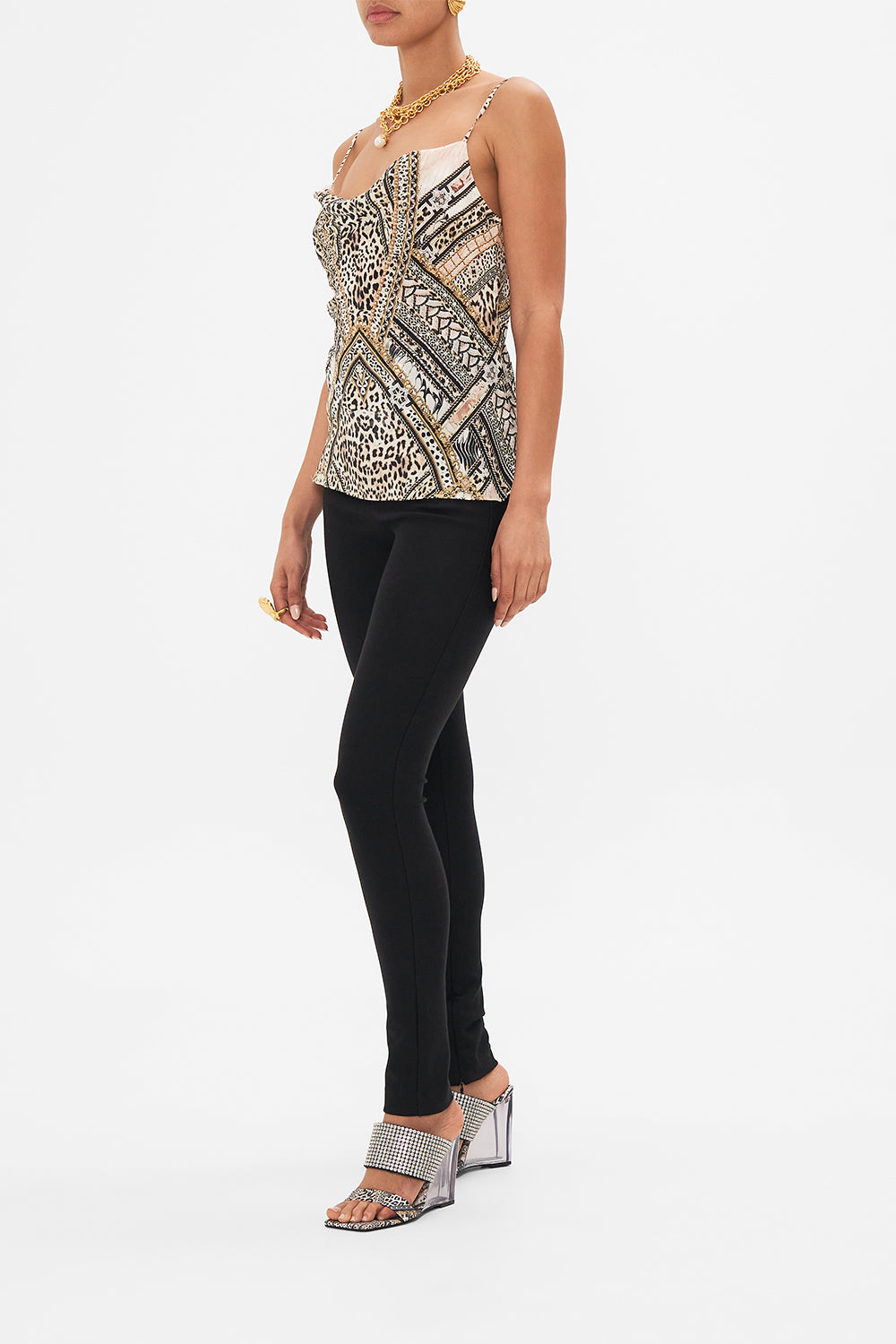 Side view of model wearing CAMILLA silk cami top in Mosaic Muse 