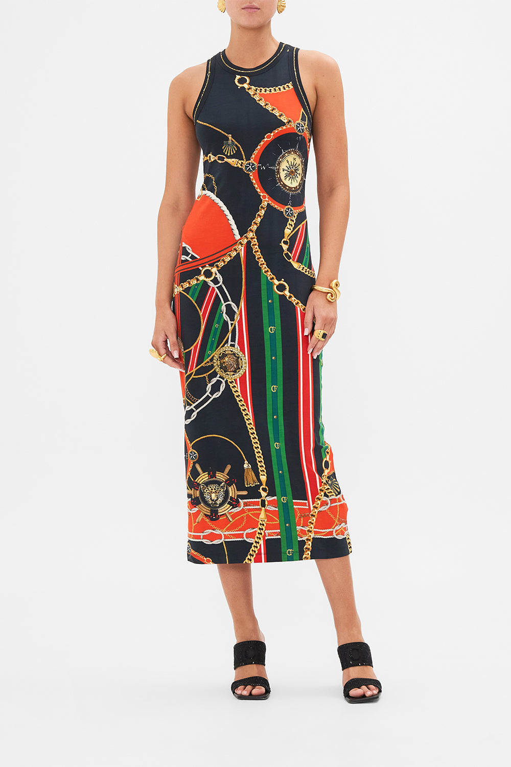 Front view of model wearing CAMILLA jersey tank dress in Club Aperitvo print