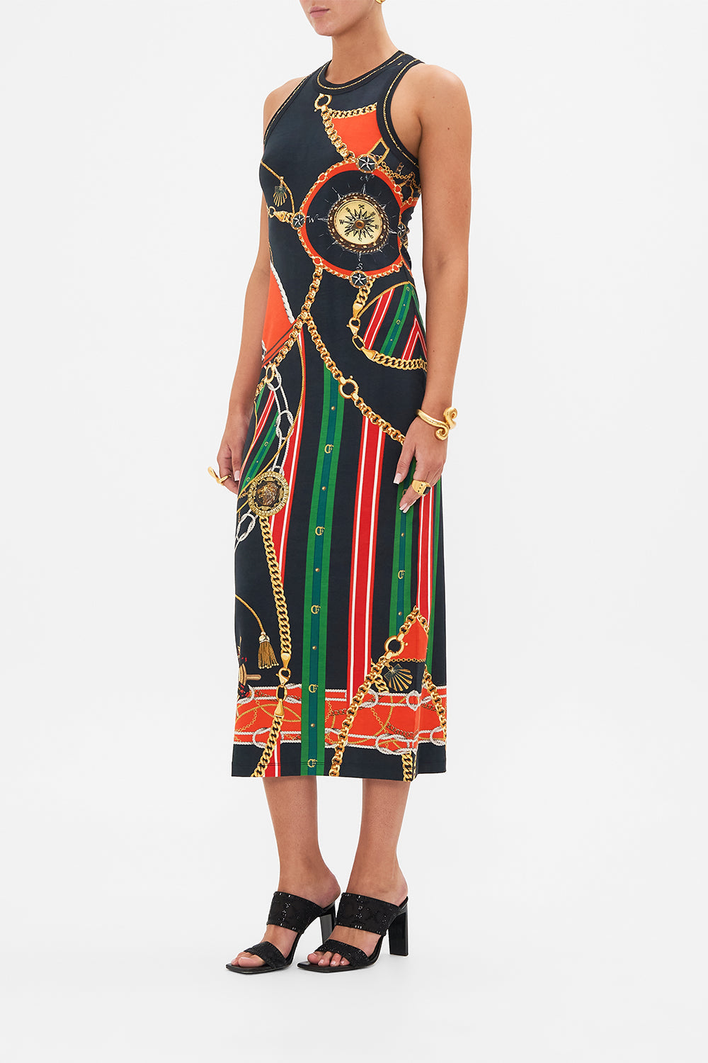 Side view of model wearing CAMILLA jersey tank dress in Club Aperitvo print