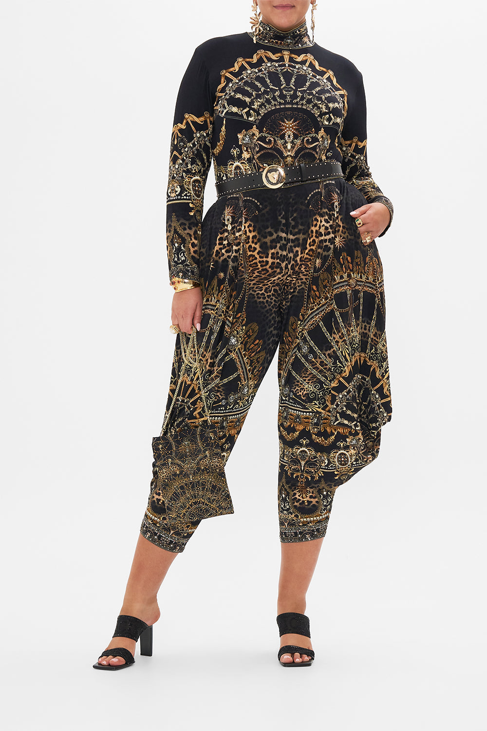 Front view of curvy model wearing CAMILLA plus size turtleneck in Masked At Moonlight print