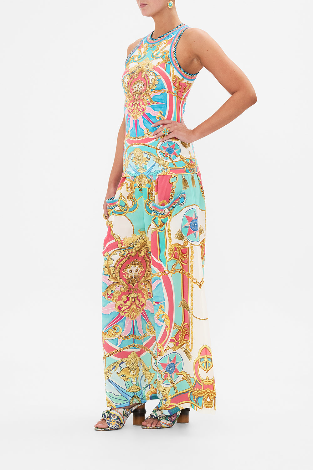 Side view of model wearing CAMILLA jersey tank top in Sail Away With Me print