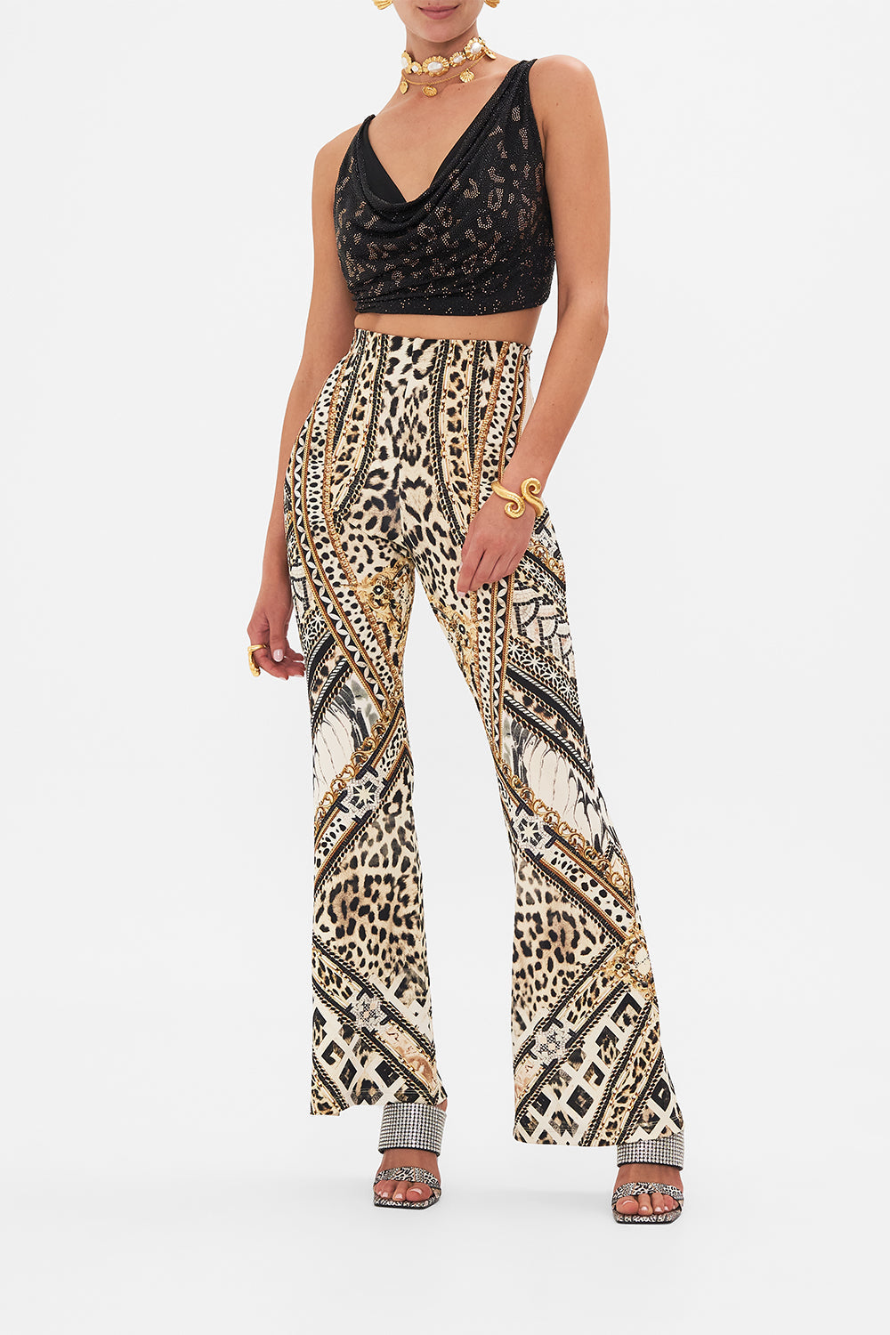 Front view of model wearing CAMILLA black halter top in Mosaic Muse