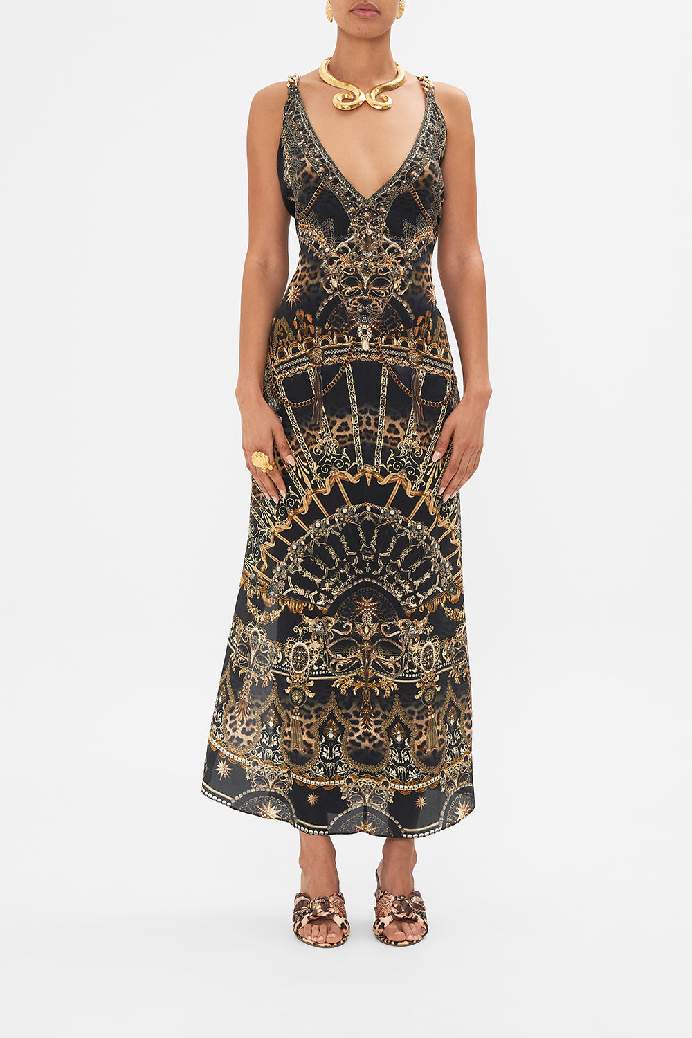 Detail view of model wearing CAMILLA silk kaftan with hardware in Masked  at Moonlight print