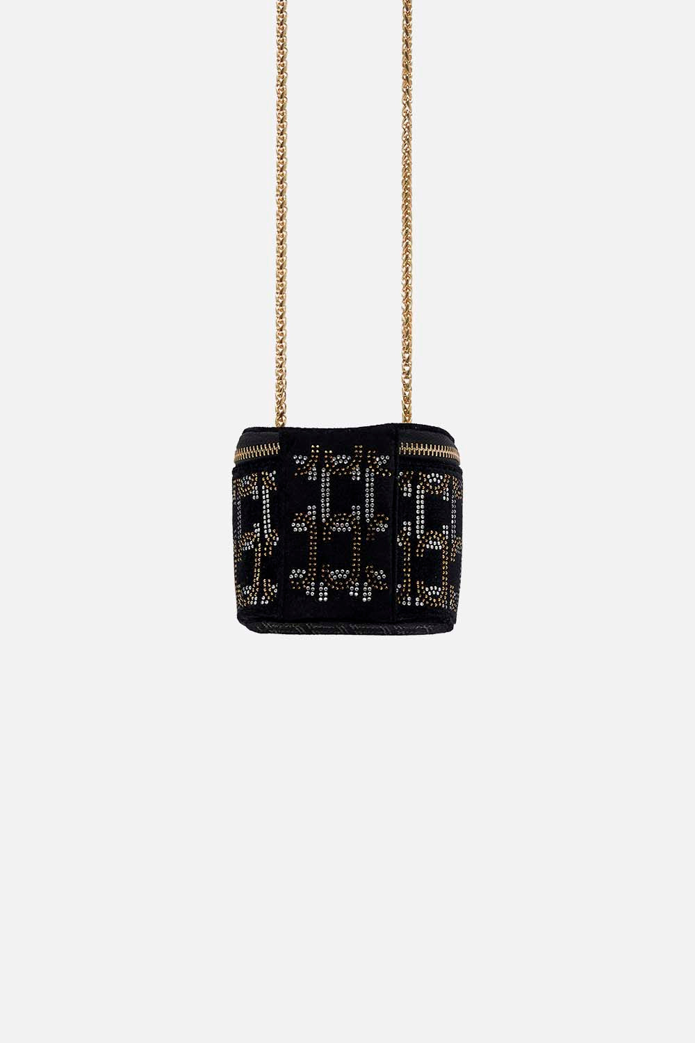 The CAMILLA MINI BOX BAG SOLID BLACK in our  print.