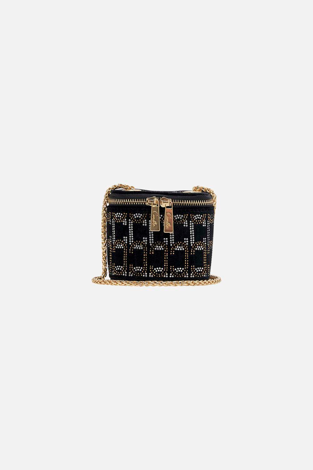 The CAMILLA MINI BOX BAG SOLID BLACK in our  print.