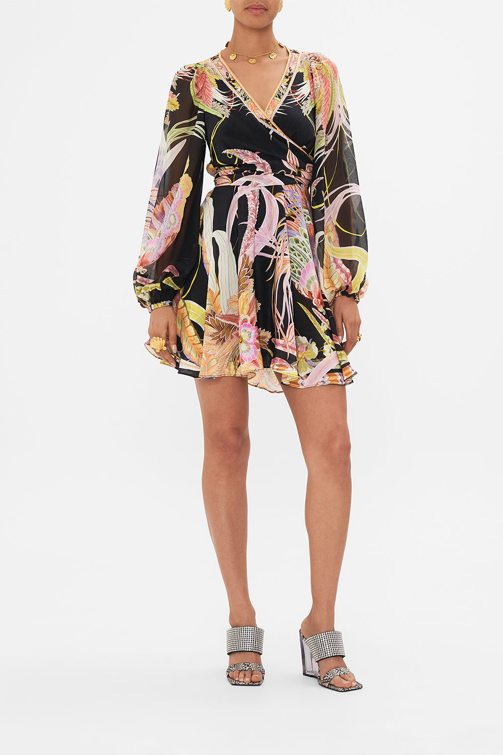 Crop view of model wearing CAMILLA silk mini tie dress in Lady Of The Moon print