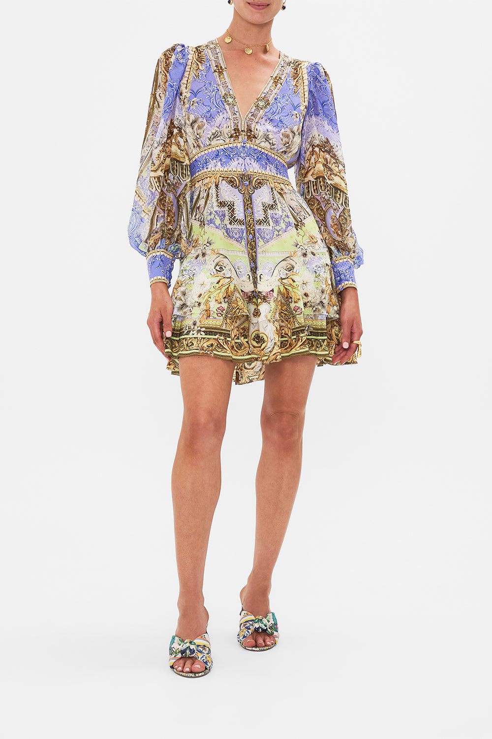 Front view of model wearing CAMILLA silk frill drfess in Guilded Pleasures print 