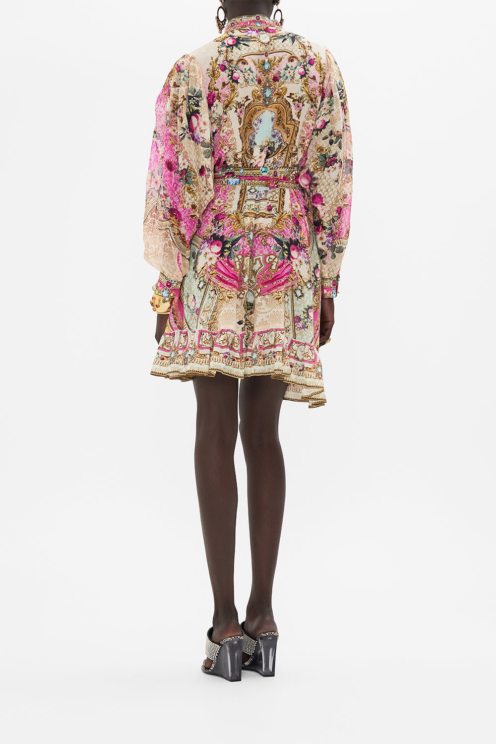 Back view of model wearing CAMILLA pink shirt dress in Call Of The Canal print