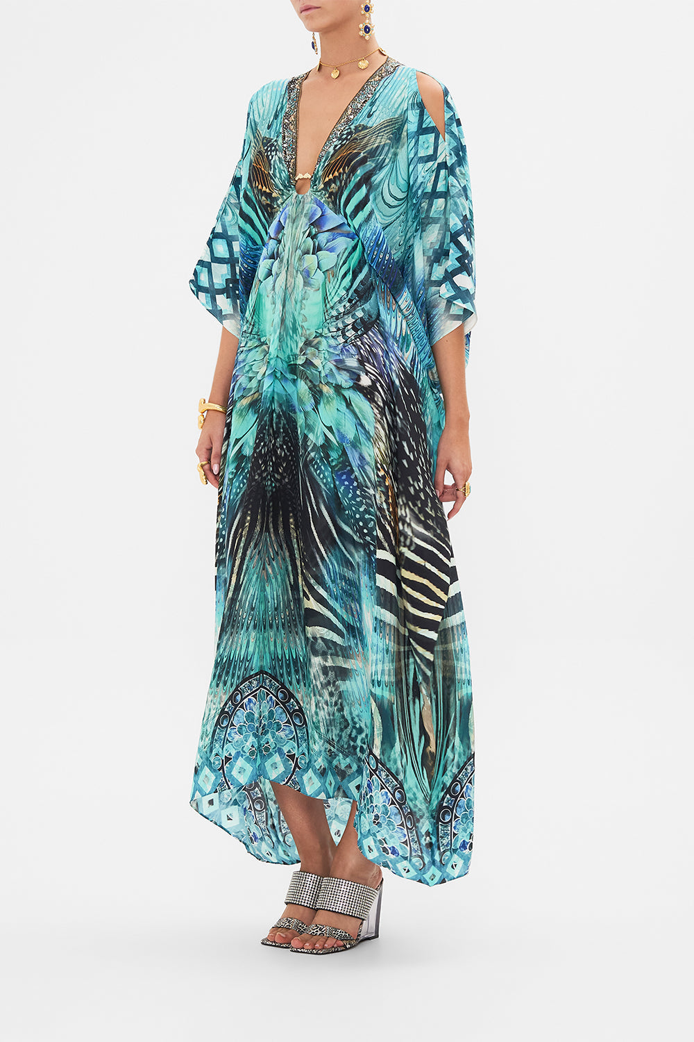 Side view of model wearing CAMILLA silk kaftan in Azure Allure print