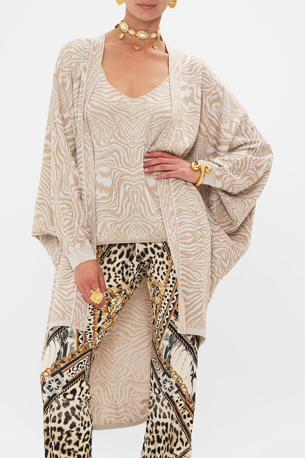 Crop view of model wearing CAMILLA knit layer cardigan in Mosaic Muse 