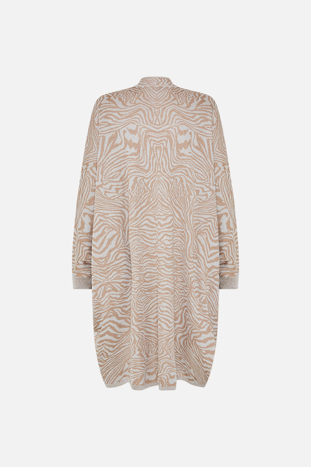 Style view of model wearing CAMILLA knit layer cardigan in Mosaic Muse 