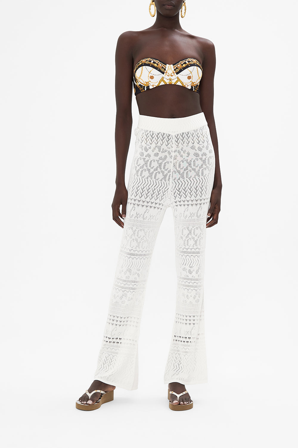Front view of model wearing CAMILLA knit pants in Sea Charm 