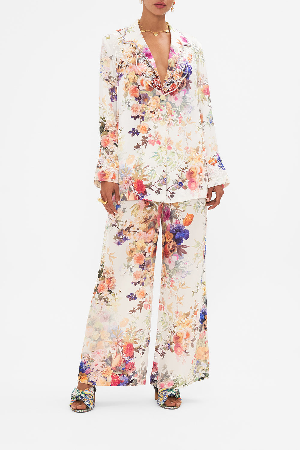 Front view of model wearing CAMILLA silk jacket in Friends with Frescos print