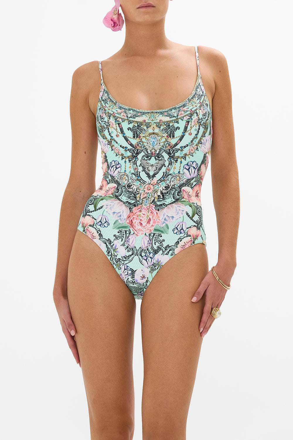 CAMILLA floral scoop neck one piece in Petal Promise Land