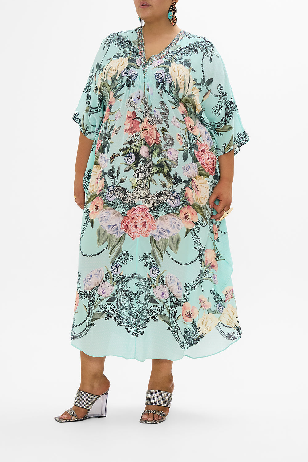 CAMILLA Floral Gathered Waist Kaftan in Petal Promise Land print