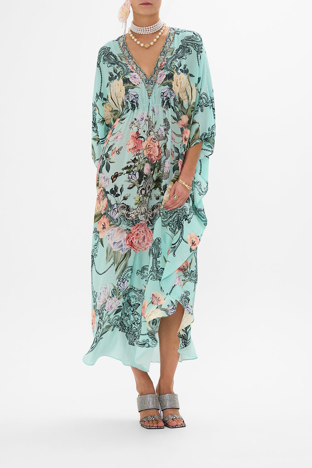 CAMILLA Floral Gathered Waist Kaftan in Petal Promise Land print