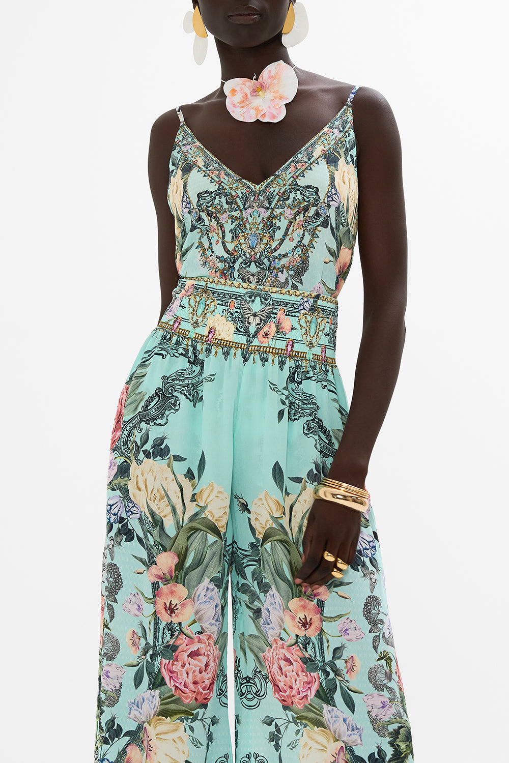 CAMILLA floral v neck silk cami in Petal Promiseland print