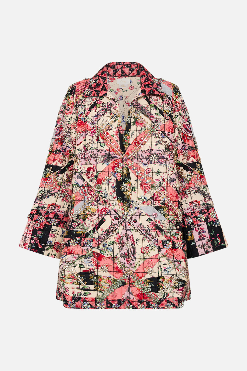 CAMILLA Patchwork Long Sleeve Tunic with Rhinestone Crystals in Patchwork Poetry print