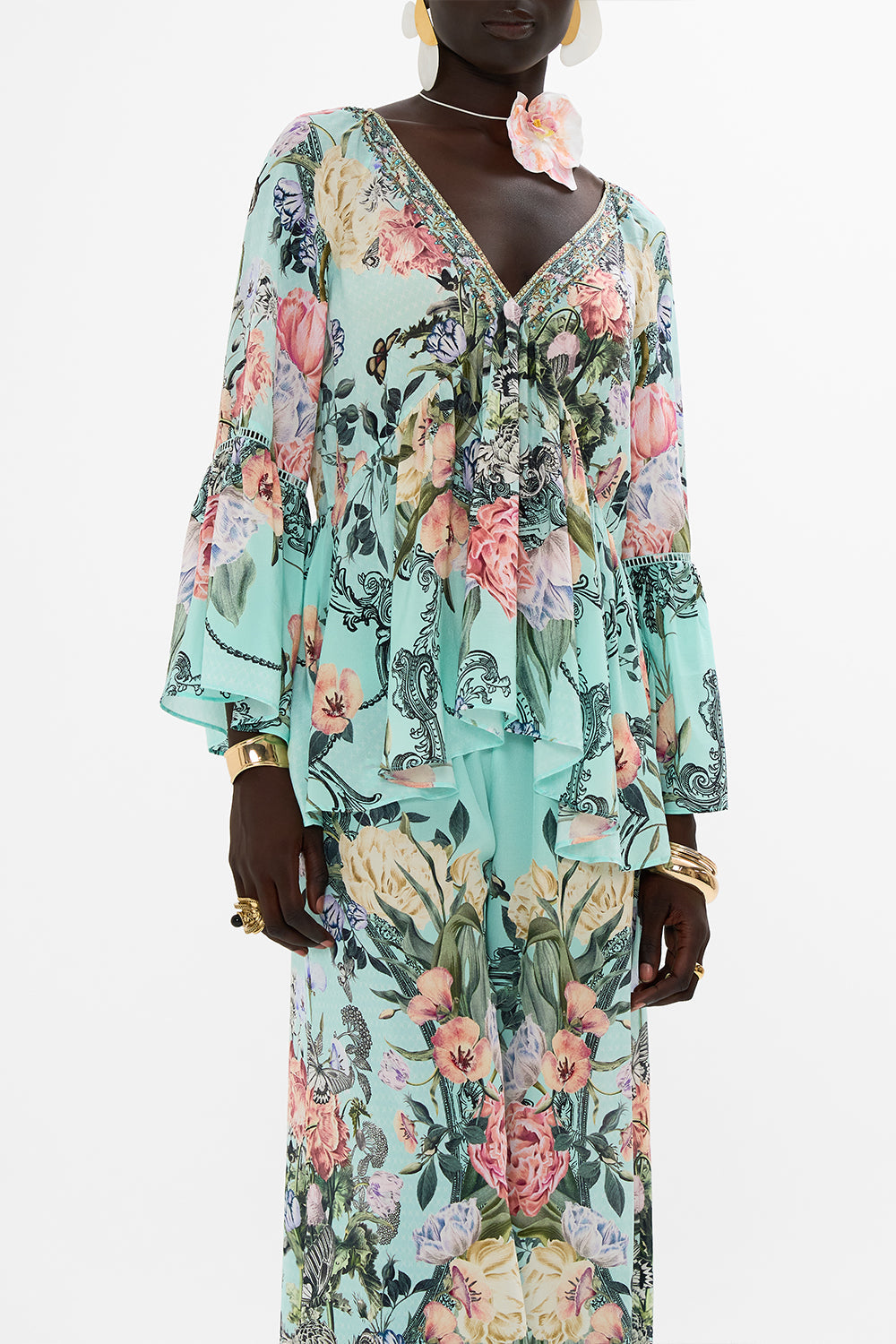 CAMILLA floral skinny neck scarf in Stitched in Time print.