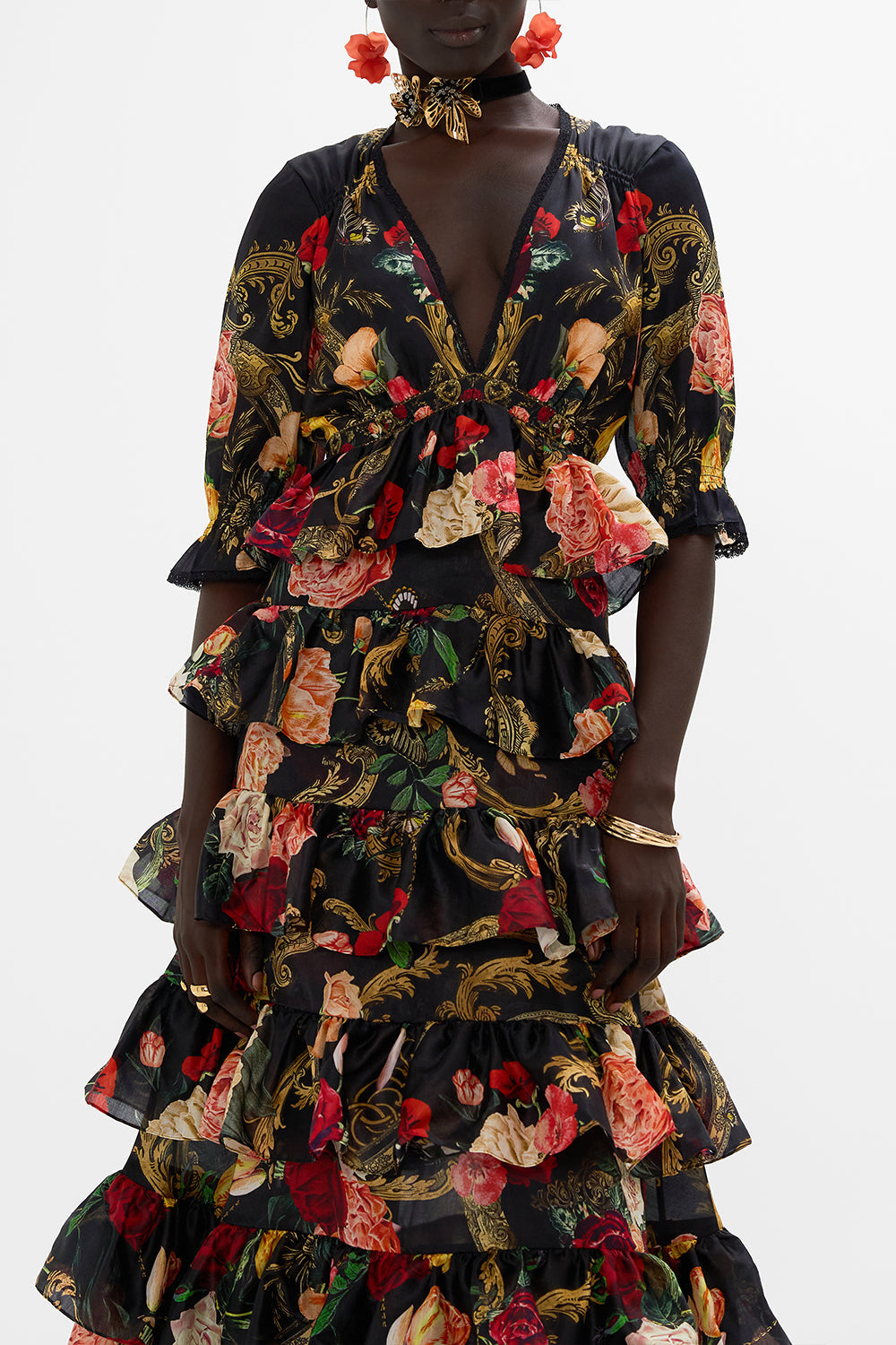 CAMILLA floral puff sleeve dress in Magic In The Manuscripts print 