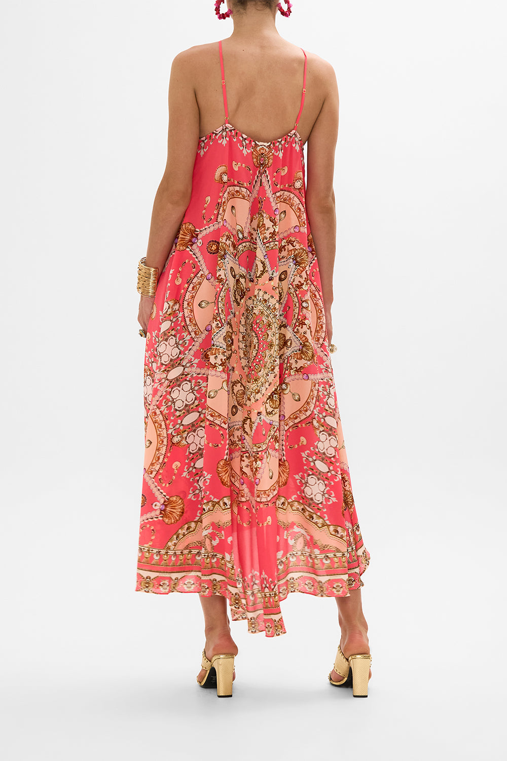 CAMILLA Pink Gather Neck Hardware Maxi Dress in Shell Games