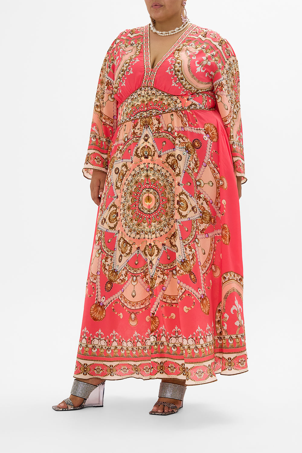 CAMILLA Pink Kimono Sleeve Dress with Shirring Detail in Shell Games