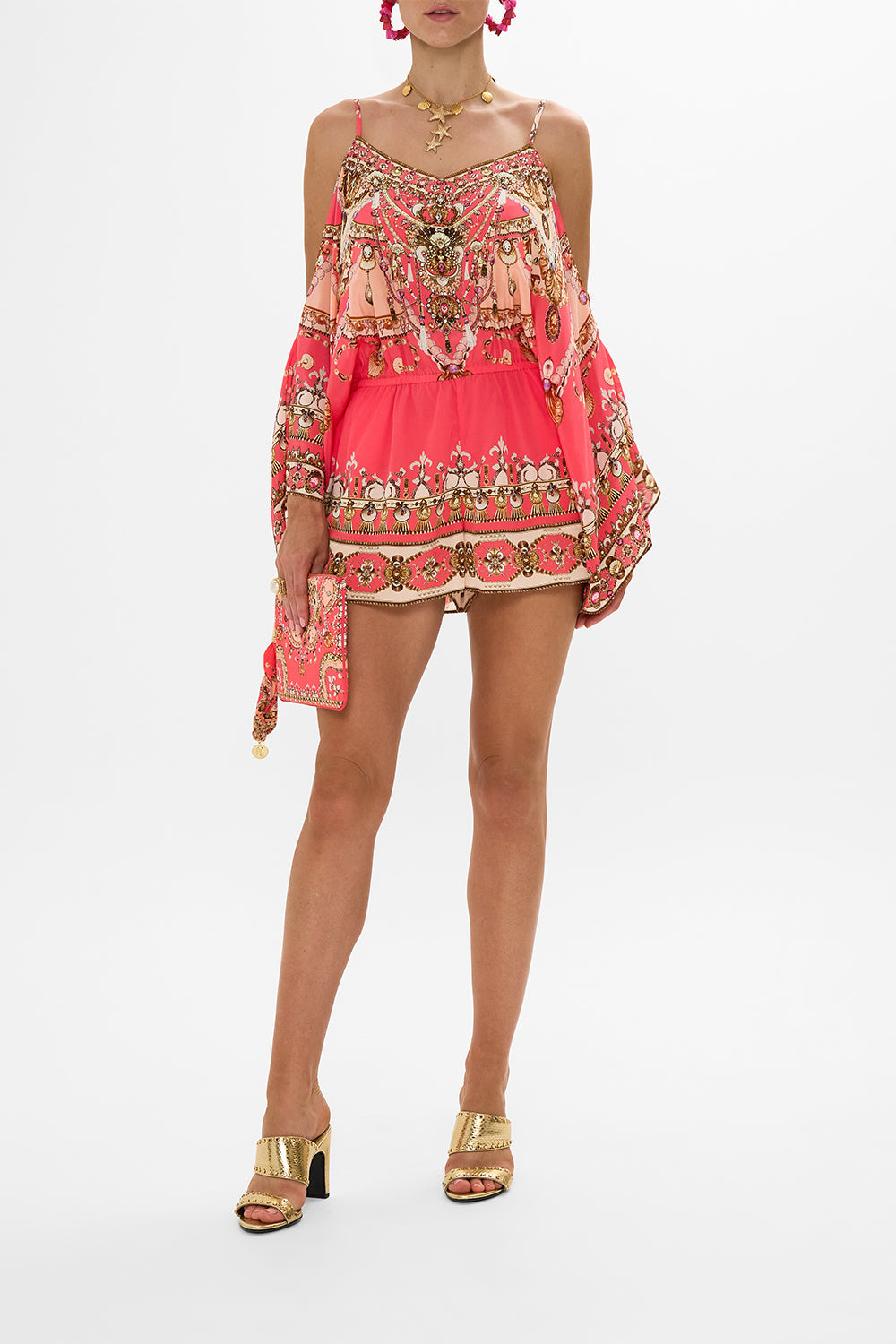 CAMILLA Pink Drop Shoulder Playsuit in Shell Games