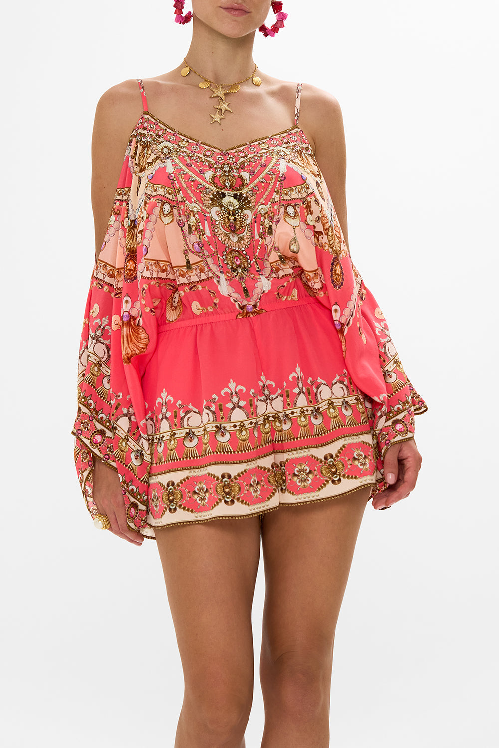 CAMILLA Pink Drop Shoulder Playsuit in Shell Games