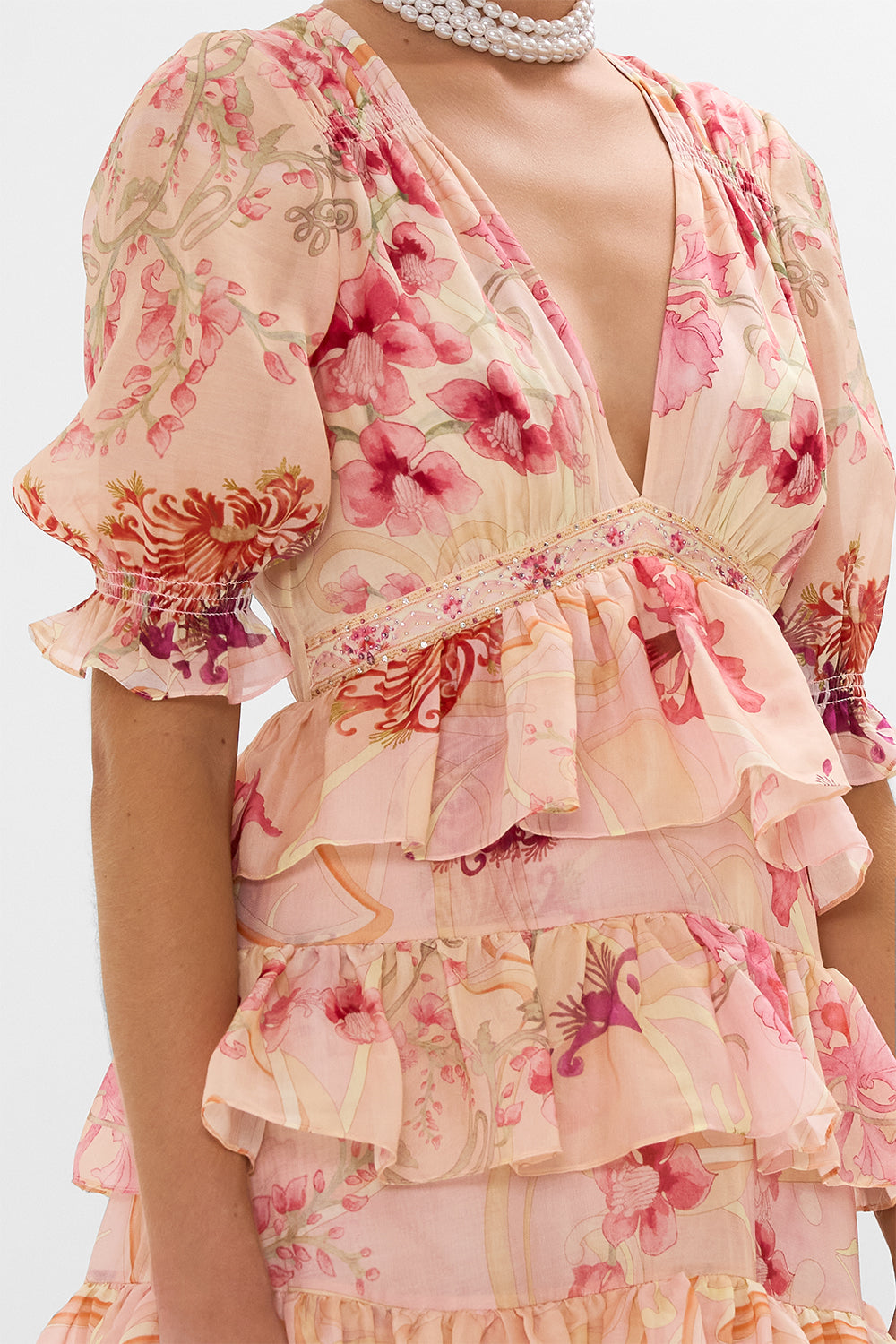 CAMILLA Floral Puff Sleeve Tiered Skirt Long Dress in Blossoms and Brushstrokes