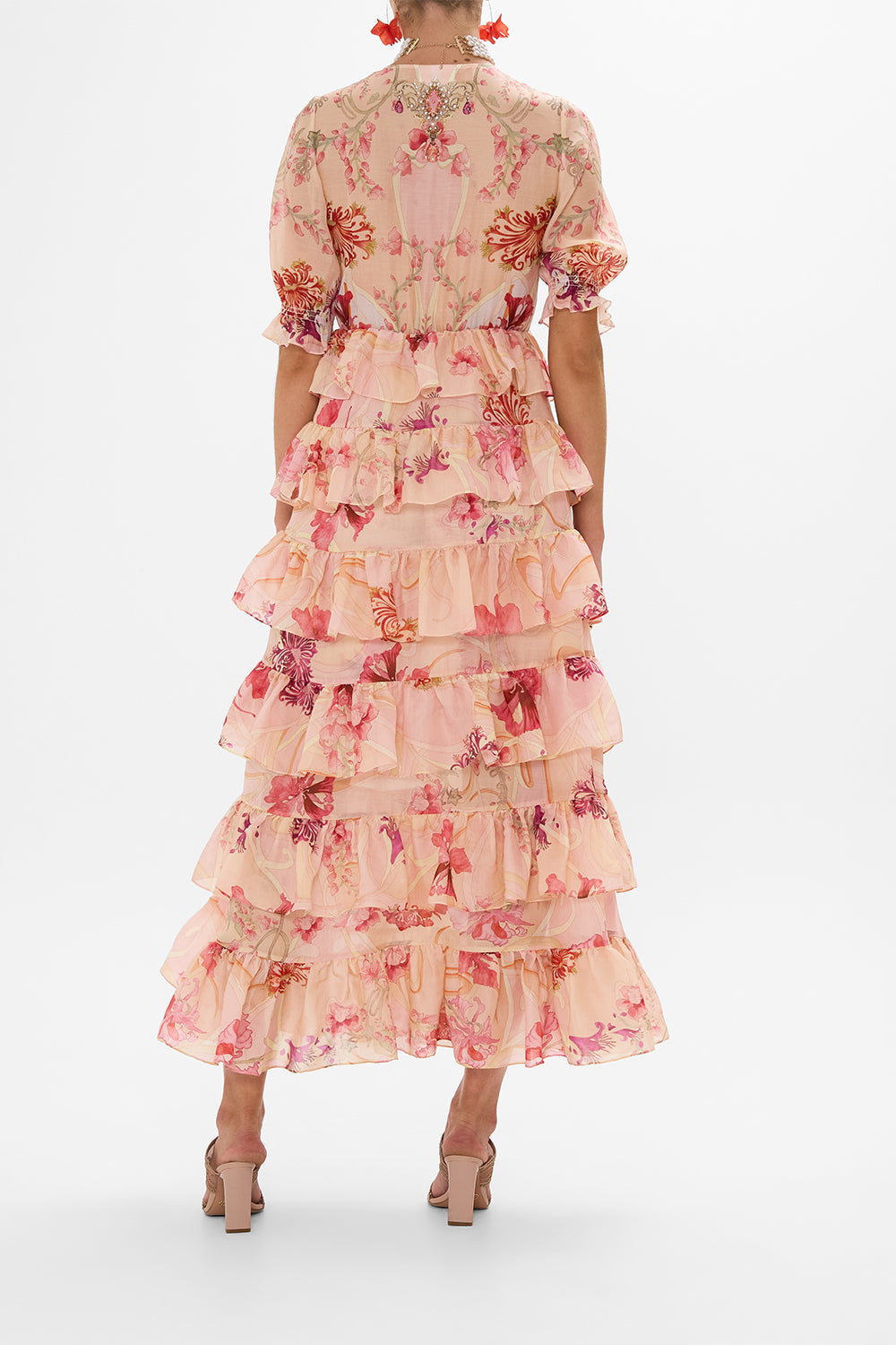 CAMILLA Floral Puff Sleeve Tiered Skirt Long Dress in Blossoms and Brushstrokes