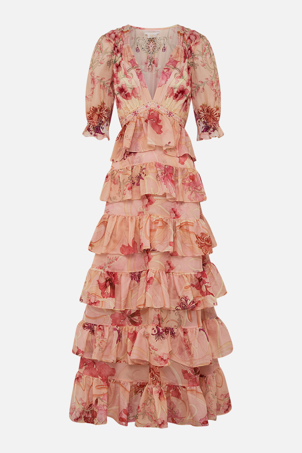 CAMILLA Floral Puff Sleeve Tiered Skirt Long Dress in Blossoms and Brushstrokes