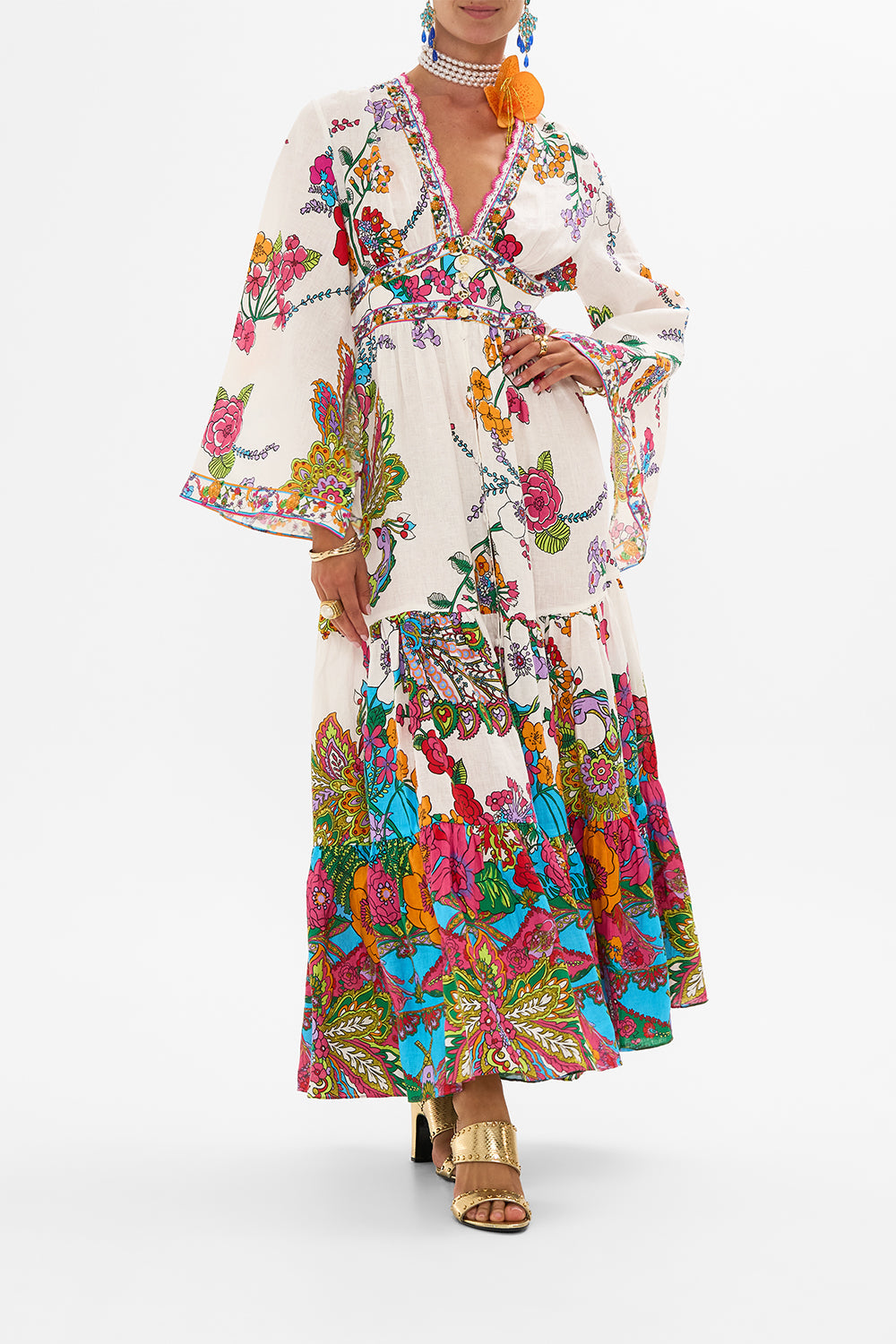 The CAMILLA DRESS WITH TIERED SKIRT COSMIC PRAIRIE in our COSMIC PRAIRIE print.