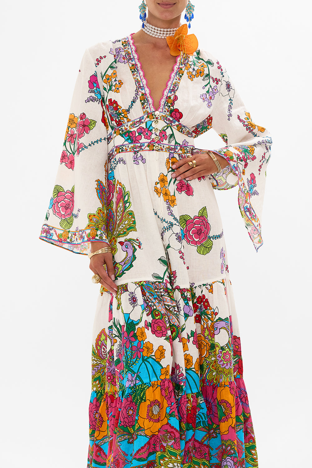 The CAMILLA DRESS WITH TIERED SKIRT COSMIC PRAIRIE in our  print.