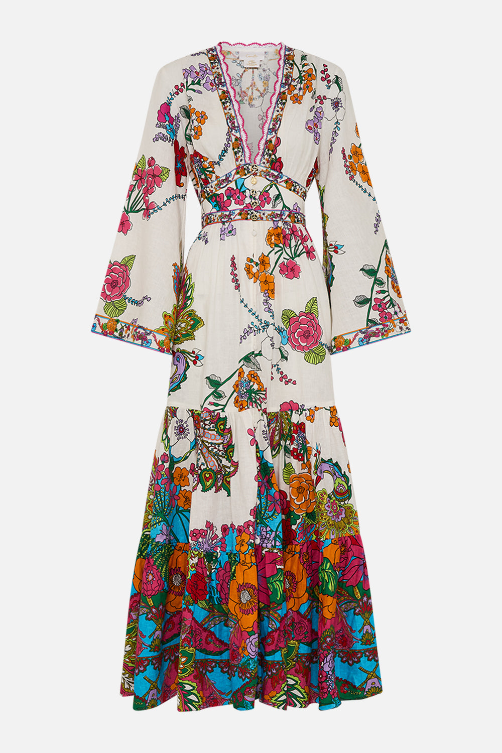 The CAMILLA DRESS WITH TIERED SKIRT COSMIC PRAIRIE in our  print.