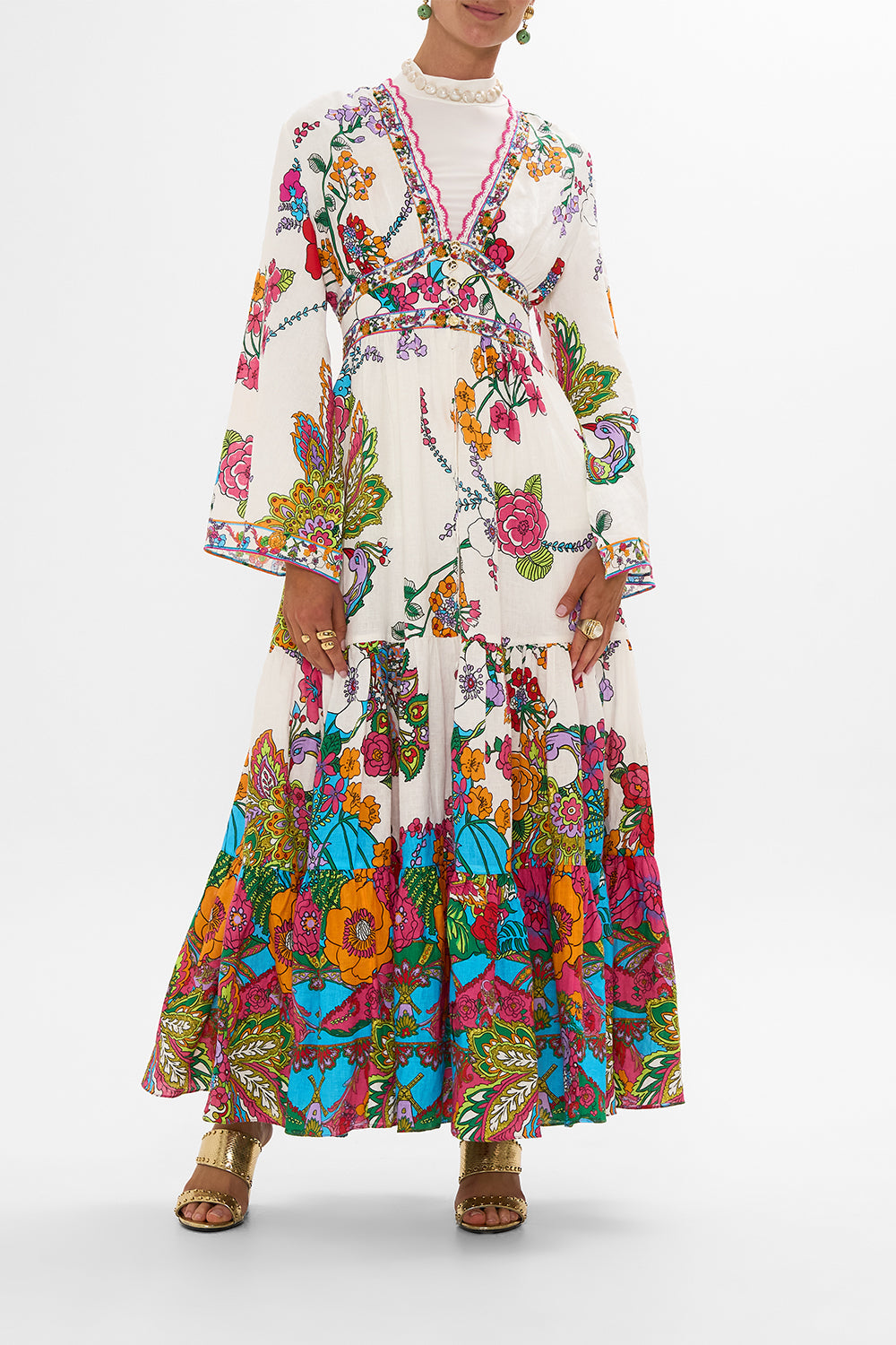 The CAMILLA DRESS WITH TIERED SKIRT COSMIC PRAIRIE in our  print.