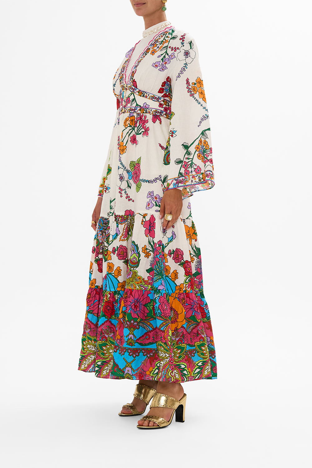 The CAMILLA DRESS WITH TIERED SKIRT COSMIC PRAIRIE in our  print.