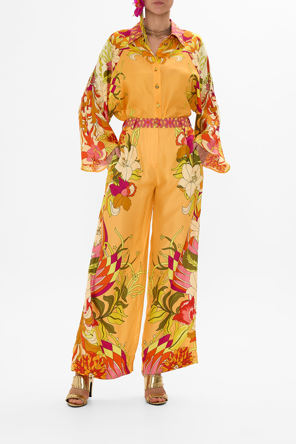 The CAMILLA WIDE LEG WAISTED PANT THE FLOWER CHILD SOCIETY in our THE FLOWER CHILD SOCIETY print.