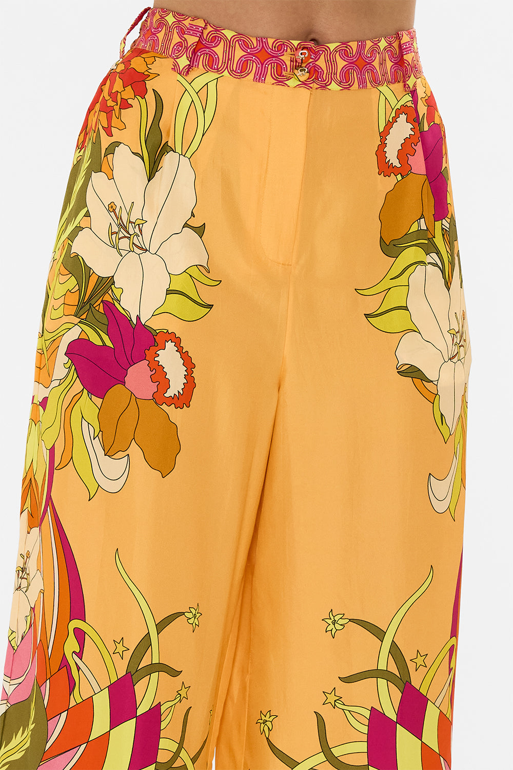 The CAMILLA WIDE LEG WAISTED PANT THE FLOWER CHILD SOCIETY in our  print.
