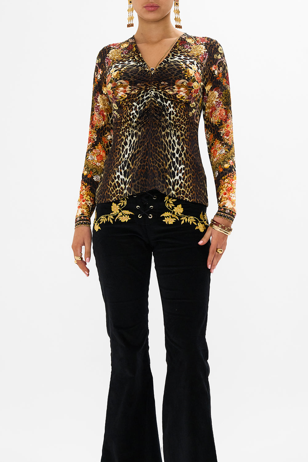 CAMILLA leopard ruched long sleeve dress in Born in Bruges print. 