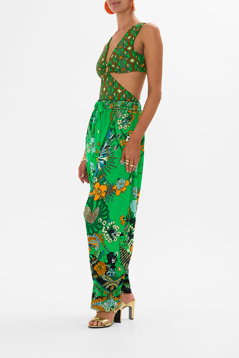 CAMILLA green draped jersey pant in Good Vibes Generation print.