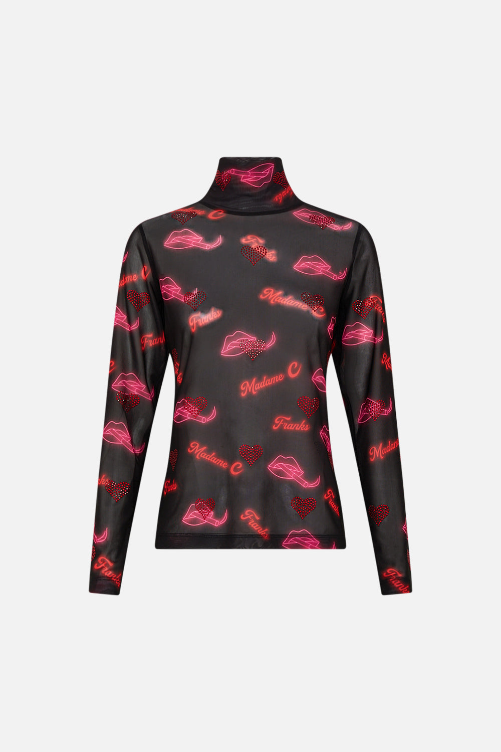 The CAMILLA MESH TURTLENECK ELECTRIC LOVELAND in our  print.
