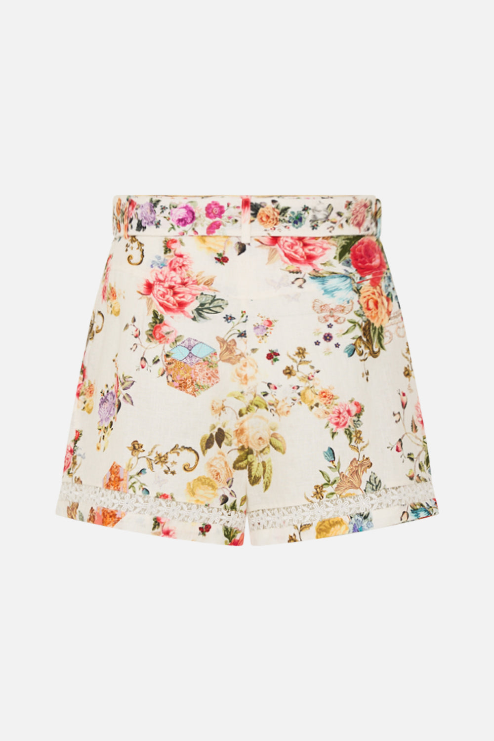 The CAMILLA HIGH WAISTED SHORTS WITH LACE INSERT SEW YESTERDAY in our  print.