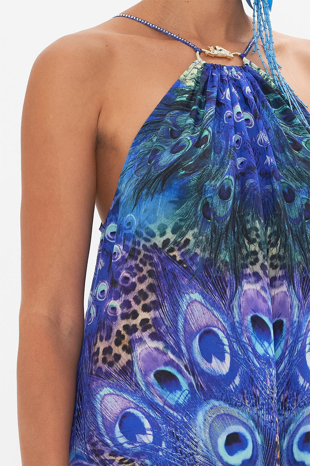 Detail view of model wearing CAMILLA silk maxi dress in Peacock Rock print